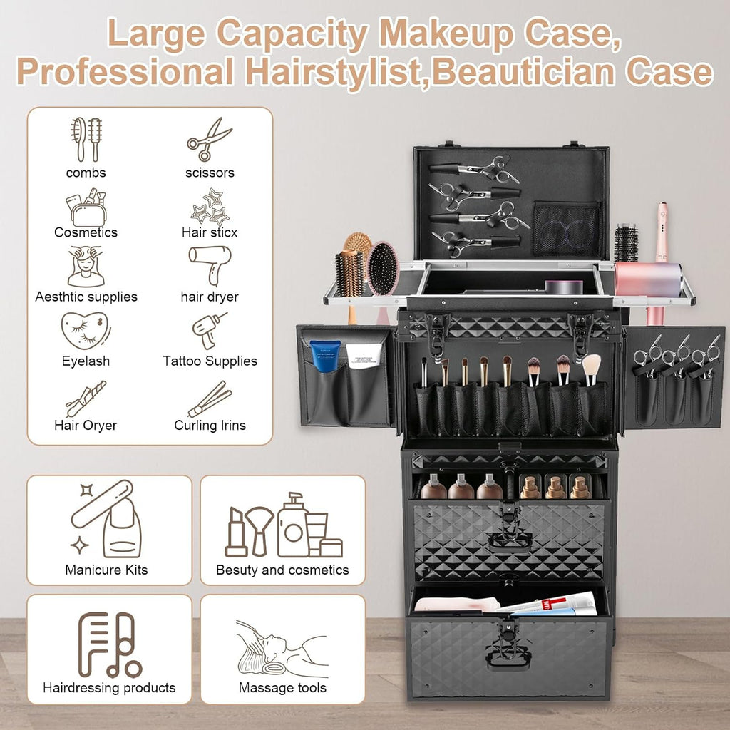 Rolling Makeup Cosmetology Train Case with Key Swivel Wheels Large Cosmetic Organizer Train Case Makeup Travel Case with Password Locks Traveling Cart Trunk Black Traveling Cart Trunk Black