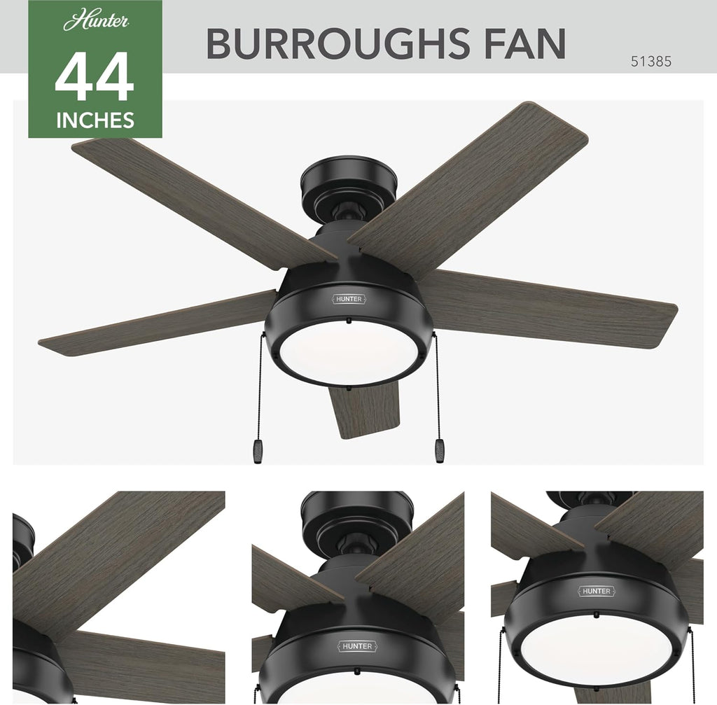 Hunter 44 inch Indoor Ceiling Fan with LED Light - Black Ceiling Fan with Pull Chain, For Bedroom or Living Room, Standard Mount, No Remote, 5 Blades, Includes Bulbs - Burroughs 51385, Matte Black