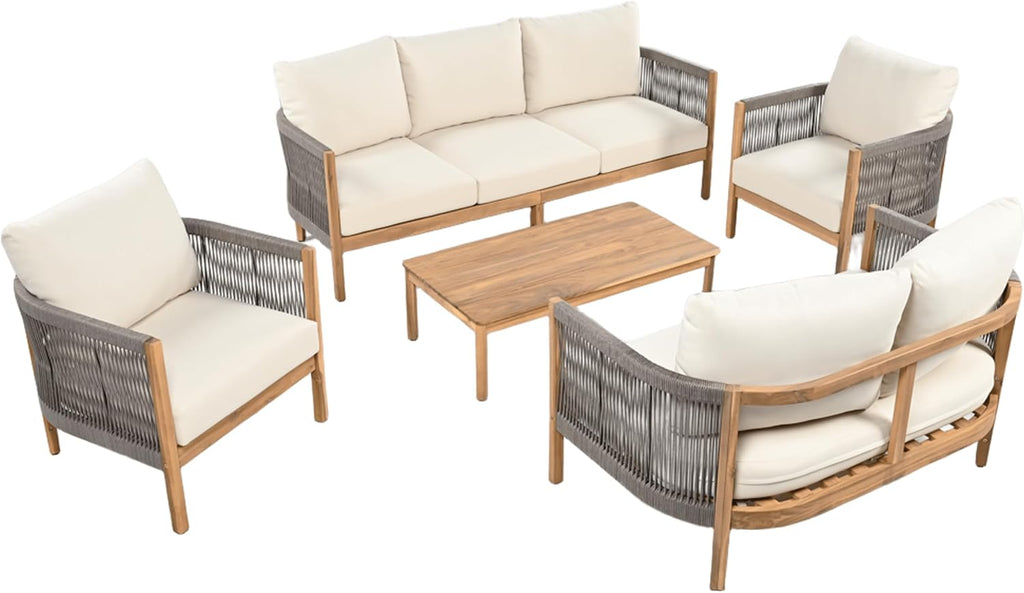 Christopher Knight Home Havets 5 Pieces Outdoor Acacia Furniture Set, Woven Rope Loveseat and Accent Club Chairs, 6' Thick Cushions Sofa and Coffee Table Set for Backyard Garden Balcony, Gray+Beige