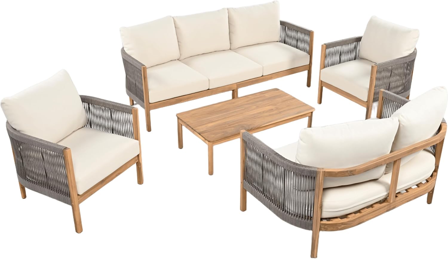 Christopher Knight Home Havets 5 Pieces Outdoor Acacia Furniture Set, Woven Rope Loveseat and Accent Club Chairs, 6' Thick Cushions Sofa and Coffee Table Set for Backyard Garden Balcony, Gray+Beige