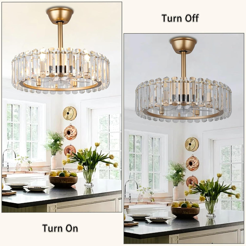 FRIXCHUR Gold Crystal Fandelier Ceiling Fan with Lights Remote 20.7 Inch Modern Chandelier Fan 6 Speeds Timer Reversible Flush Mount for Dining Bedroom Living Room Kitchen, 6 x E12 Bulbs Not Included