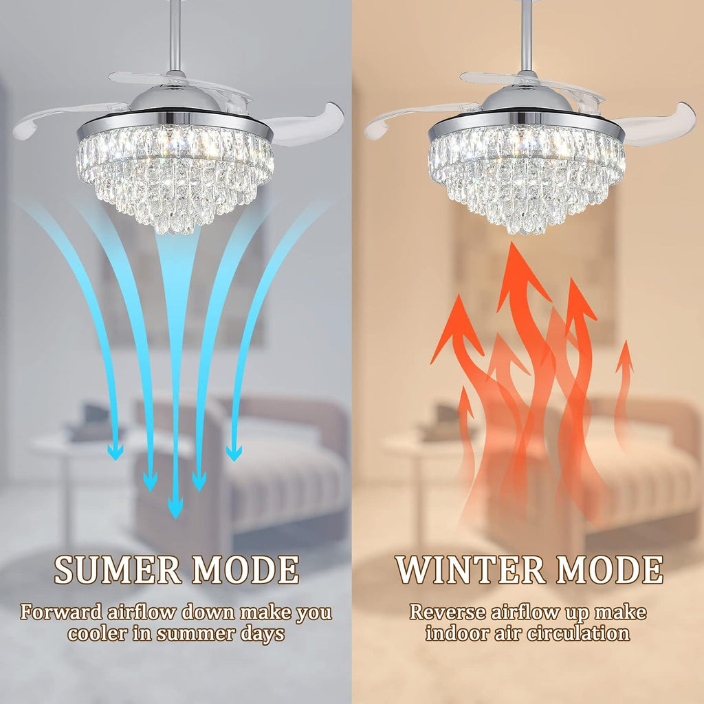 CLAIRDAI 42'' Modern Crystal Fandelier Ceiling Fan with Lights, Dimmable LED Chandelier Fan, Retractable Blades, Remote Control, 6-Speed Quiet Motor with Timer for Bedroom Living Room Dining Room
