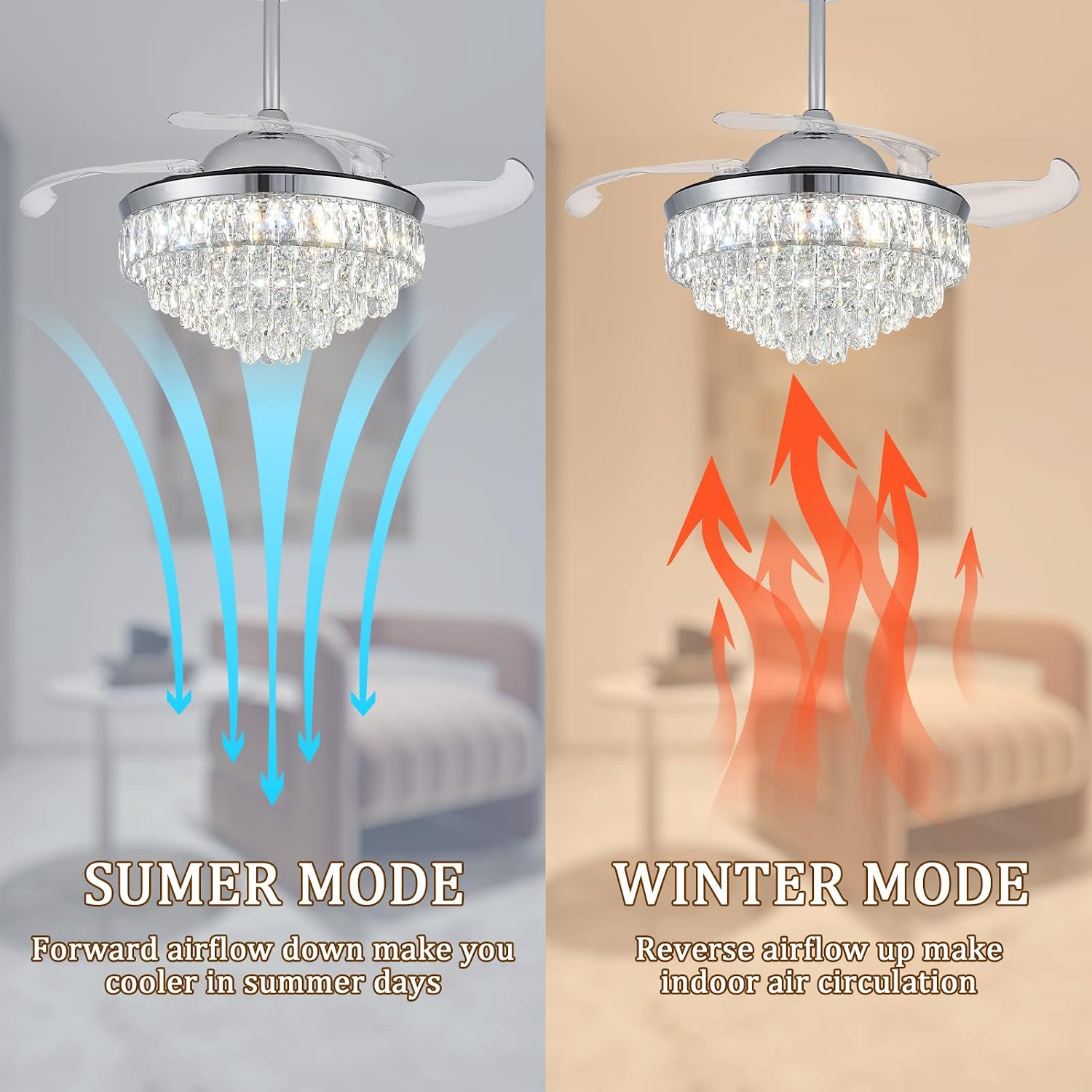 CLAIRDAI 42'' Modern Crystal Fandelier Ceiling Fan with Lights, Dimmable LED Chandelier Fan, Retractable Blades, Remote Control, 6-Speed Quiet Motor with Timer for Bedroom Living Room Dining Room