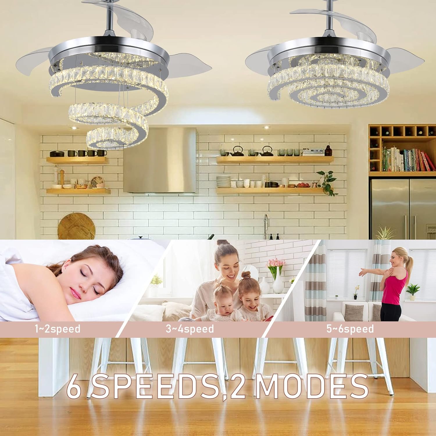 FRIXCHUR 42' Crystal Chandelier Ceiling Fans with Lights and Remote Dimmable Fandelier Retractable Crystal Ceiling Fans 3 Rings Invisible Blades Crystal Ceiling Fans for Bedroom Living Room 30W*2