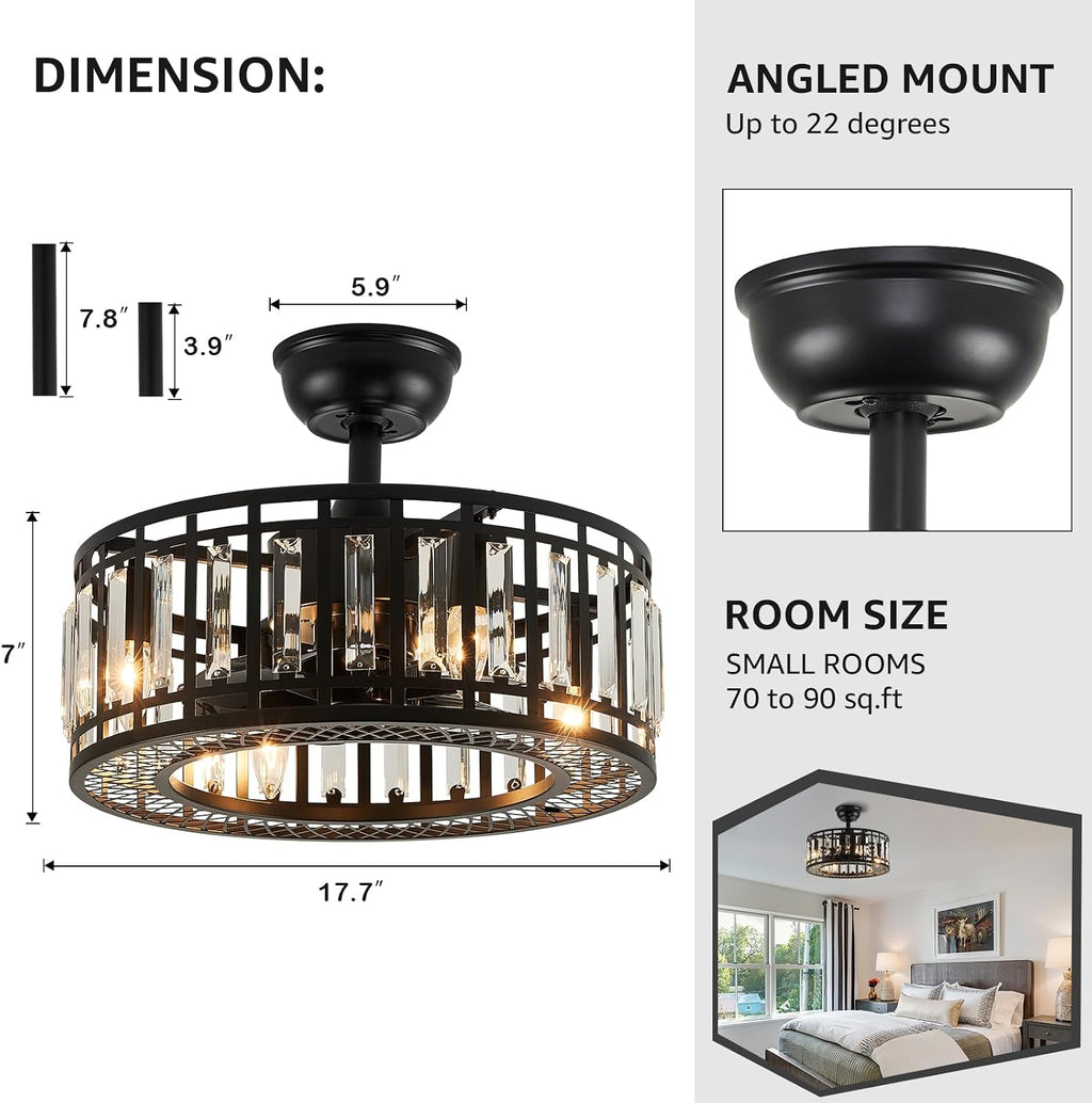 18' Black Crystal Caged Ceiling Fan with Light and Remote, Industrial Caged Chandelier Fan 8-Blade Fandelier Modern Enclosed Ceiling Fan for Kitchen Dining Room Living Room