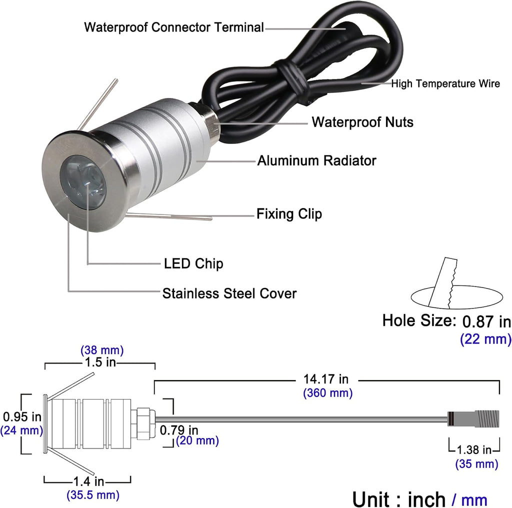 LED In-Ground Well Light,Mini 15° Narrow Beam Angle Spotlight,1W 12V-24V DC,IP67 Waterproof Underground Outdoor Landscape Lightings,Warm White-3000K (6 Pack)