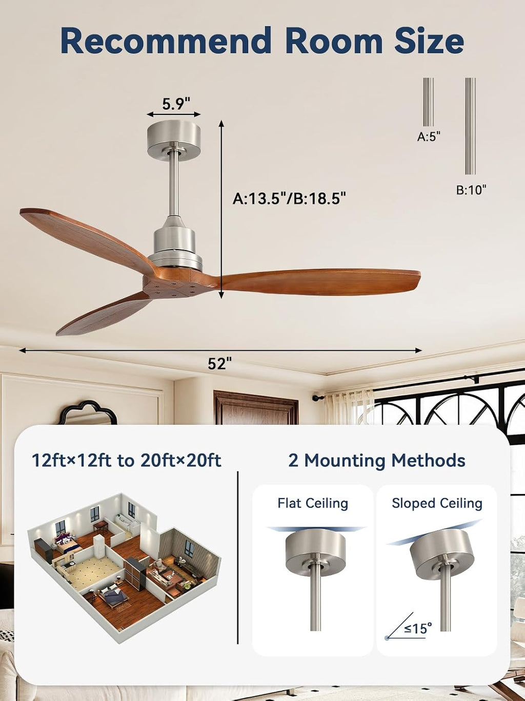 Sofucor Ceiling Fan no Lights, 52 Inch Modern Wood Ceiling Fan with Remote, for Indoor Bedroom Living Room Outdoor Patio Porch, Reversible DC Motor, Brown