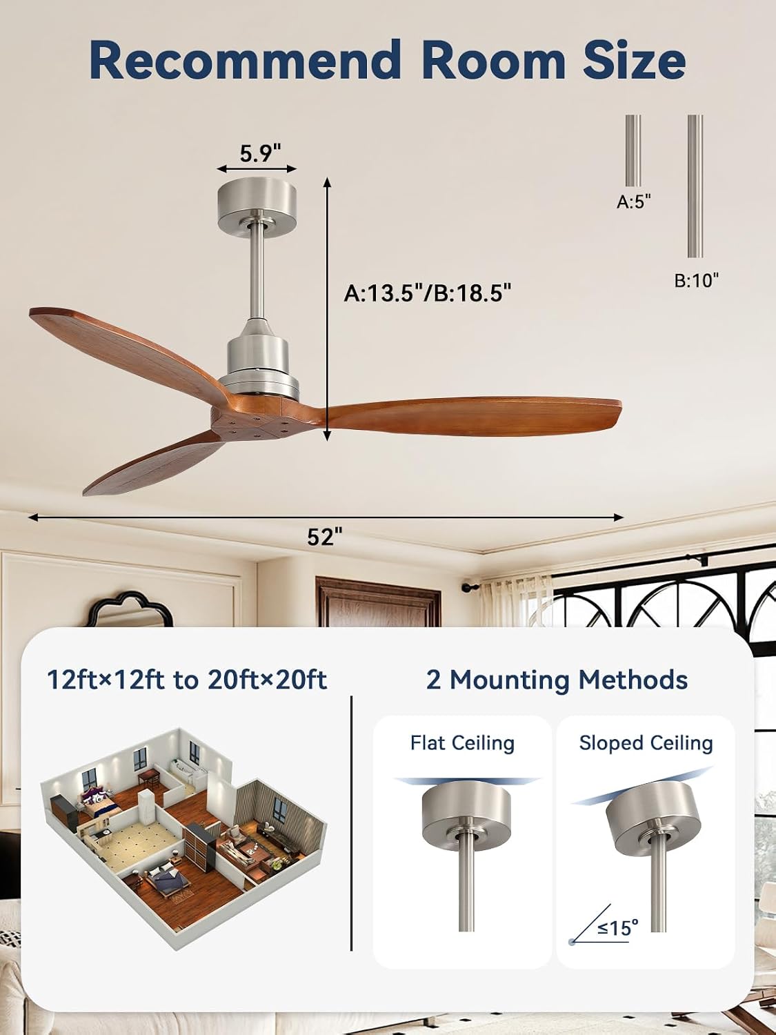 Sofucor Ceiling Fan no Lights, 52 Inch Modern Wood Ceiling Fan with Remote, for Indoor Bedroom Living Room Outdoor Patio Porch, Reversible DC Motor, Brown