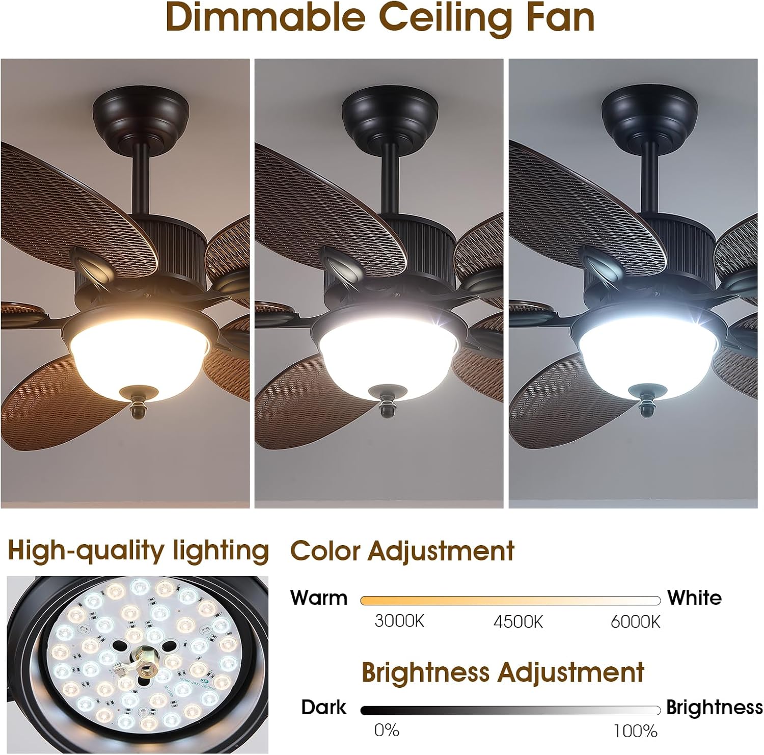Wiviniya 50 Inch Tropical Ceiling Fans with Lights, Palm Leaf Waterproof Outdoor Ceiling Fan for Patios Porch, Remote/APP Control, Wet Rated, Glass Lampshade, Quiet DC Motor, Dimmable LED, Brown