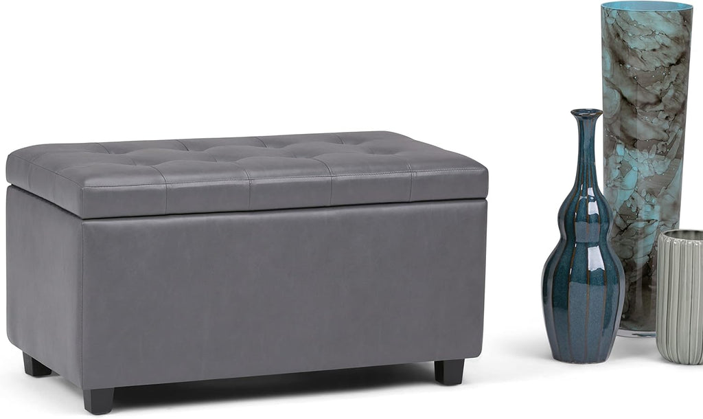 SIMPLIHOME Cosmopolitan Storage Ottoman - 34 inch Wide Upholstered Vegan Leather Rectangle Storage Ottoman Bench in Stone Grey, Transitional Tufted Ottoman for Living Room or Entryway with Lift-Up Lid