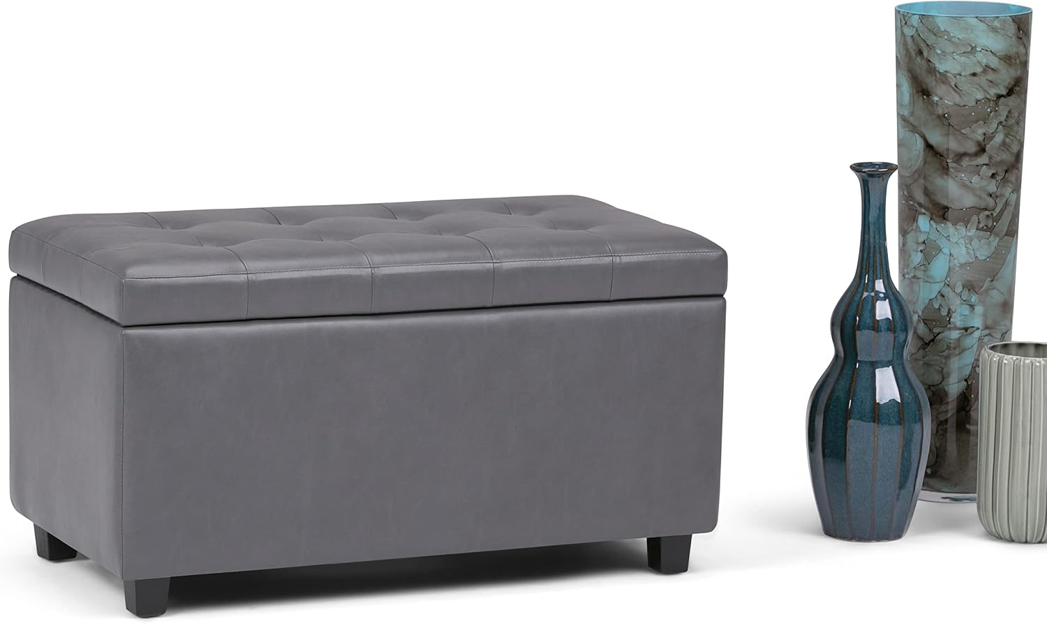 SIMPLIHOME Cosmopolitan Storage Ottoman - 34 inch Wide Upholstered Vegan Leather Rectangle Storage Ottoman Bench in Stone Grey, Transitional Tufted Ottoman for Living Room or Entryway with Lift-Up Lid