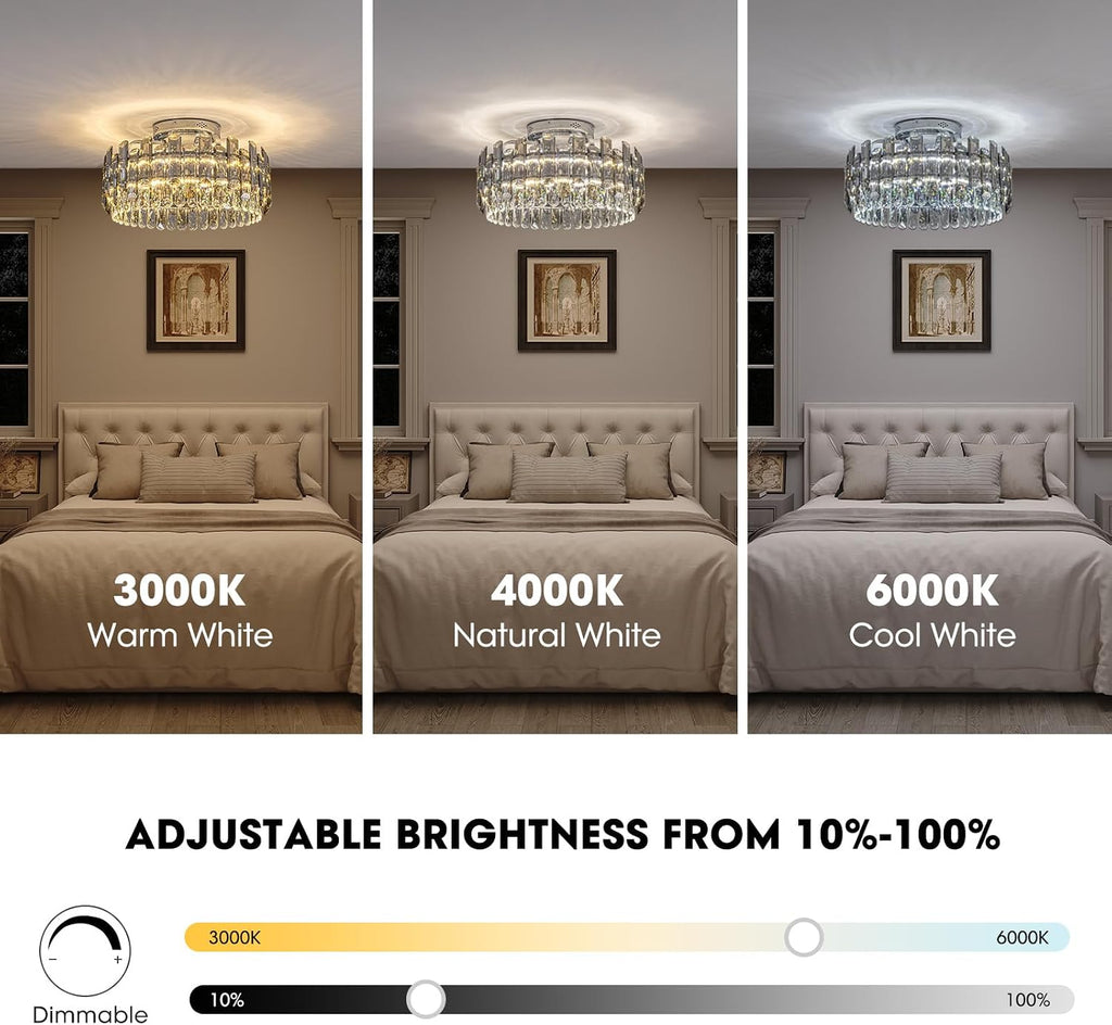 Crystal Ceiling Fan with Lights, Modern Chandelier Ceiling Fan with Remote, 6-Speed Wind, Dimmable LED, 20' Low Profile Ceiling Fan for Bedroom Dining Room Living Room