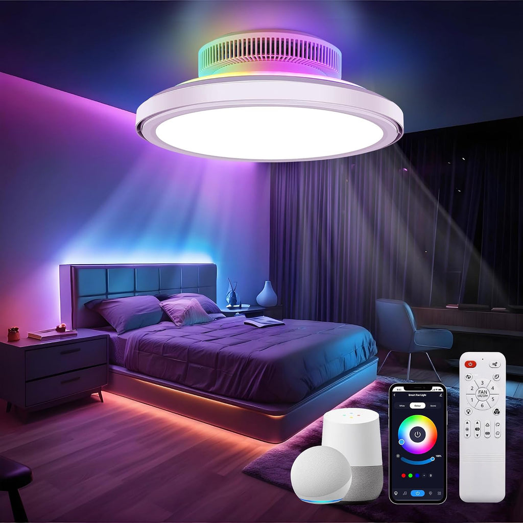18' Bladeless Ceiling Fans, Low Profile Ceiling Fan with Light, Smart RGB Ceiling Light Fixture Support Alexa with Voice/Remote/APP Control, Modern led Ceiling Light Flush Mount, White