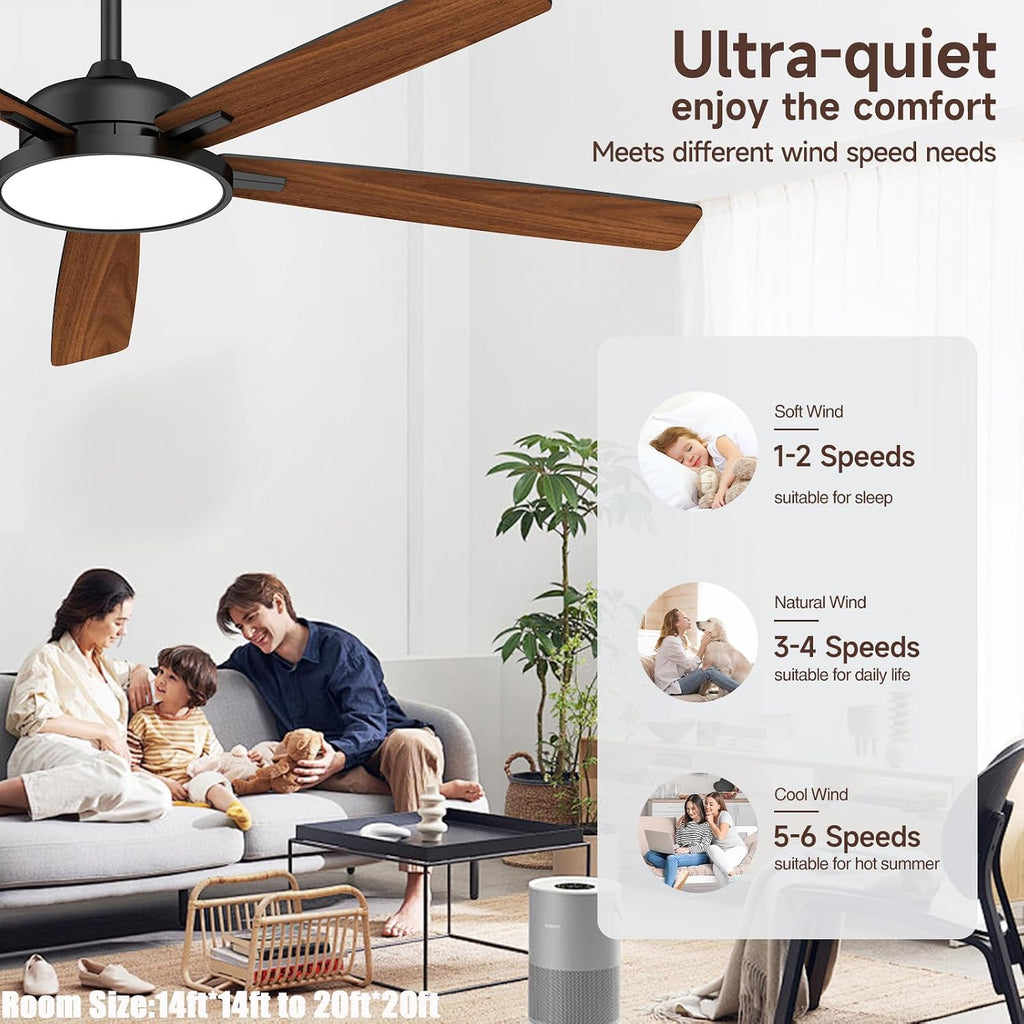 Roomratv Ceiling Fans with Lights,62 Inch Smart Ceiling Fan,Remote and App Control,Dimmable,Reversible,Noiseless, Compatible with Alexa,Google Home,Large Black Modern Ceiling Fan for Indoor/Outdoor
