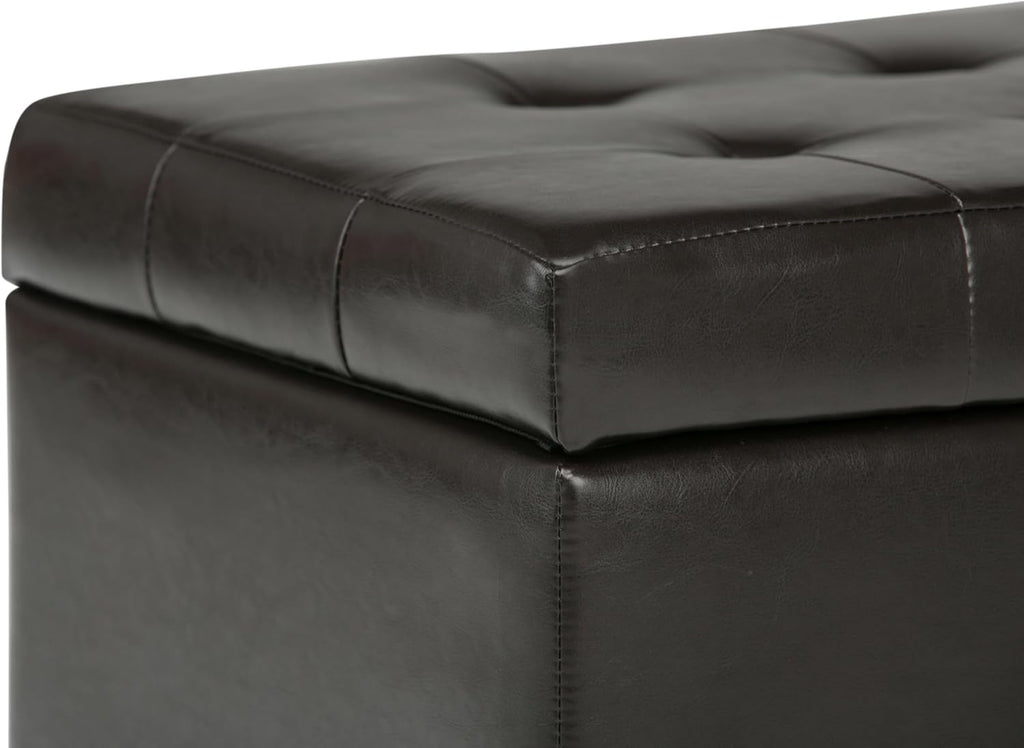 SIMPLIHOME Cosmopolitan Storage Ottoman - 34 inch Wide Upholstered Vegan Leather Rectangle Storage Ottoman Bench in Tanners Brown, Transitional Tufted Ottoman for Living Room with Lift-Up Lid