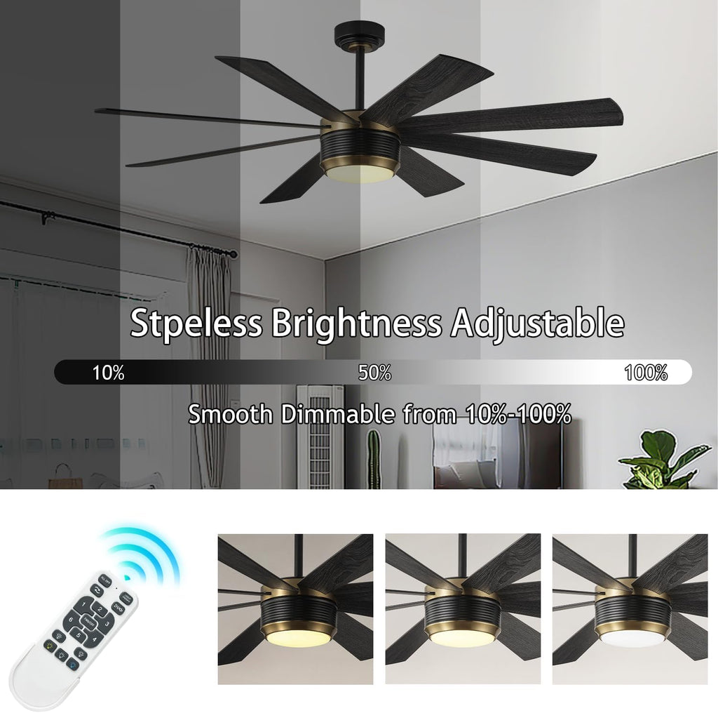 SHOWDI Ceiling Fans with Lights and Remote, Black Gold 60 in | 2 Blade Color, Metal Material, App Remote Control, Timer, Reversible, 3CCT, Dimmable for Bedroom, Living room, Indoor