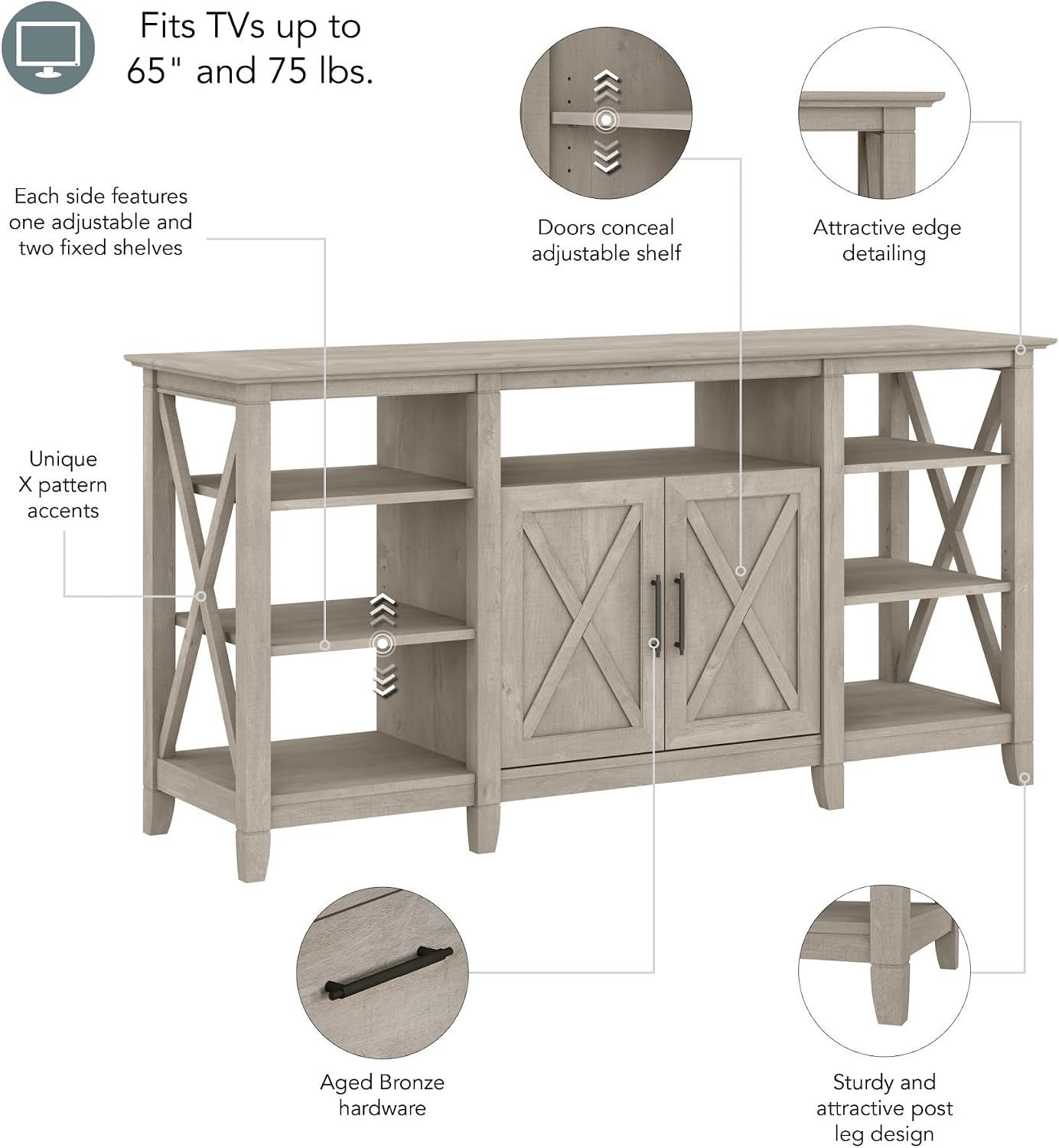 Bush Home Key West Tall TV Stand for 65 Inch TV in Washed Gray, Farmhouse Entertainment Center with Storage