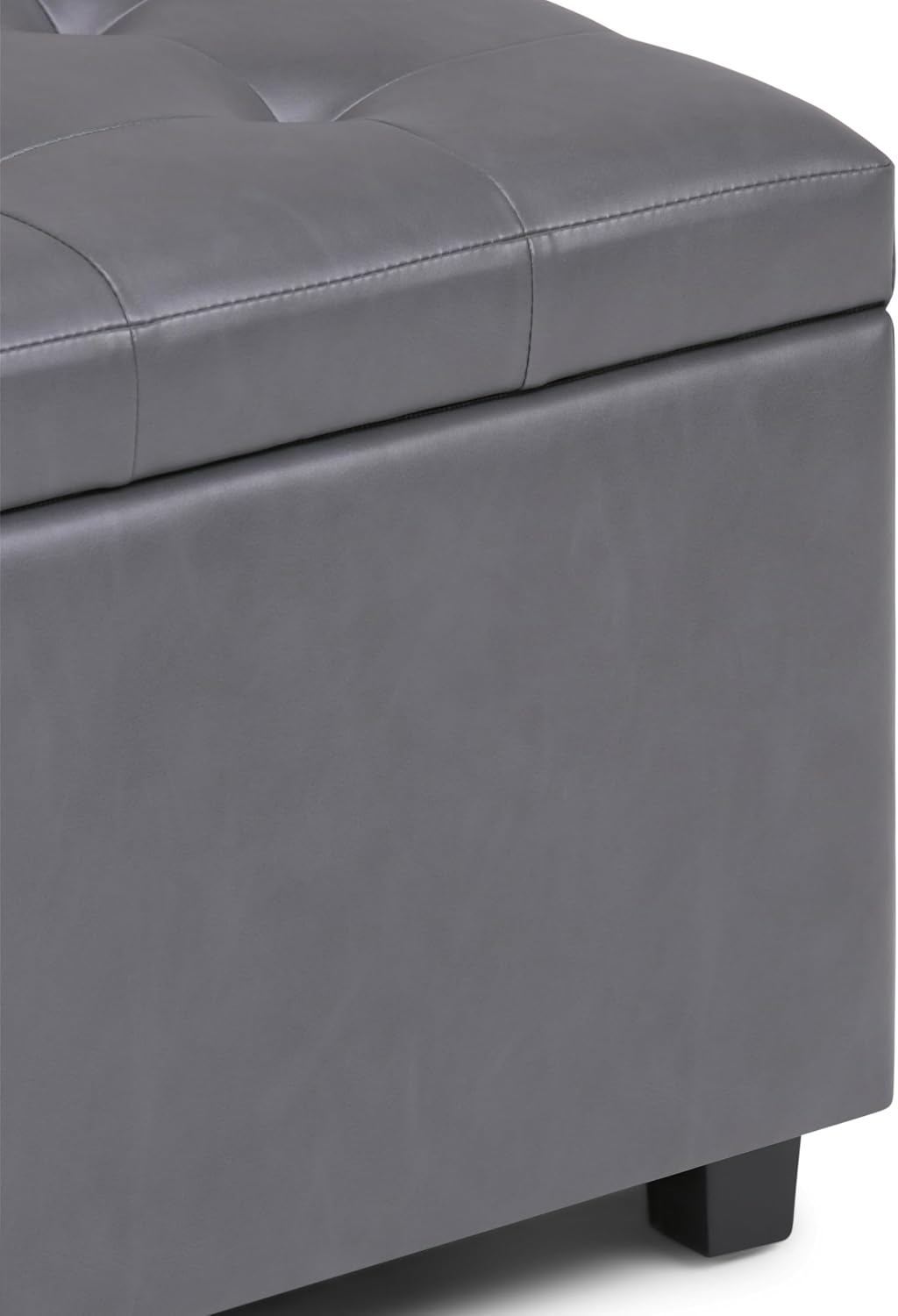 SIMPLIHOME Cosmopolitan Storage Ottoman - 34 inch Wide Upholstered Vegan Leather Rectangle Storage Ottoman Bench in Stone Grey, Transitional Tufted Ottoman for Living Room or Entryway with Lift-Up Lid