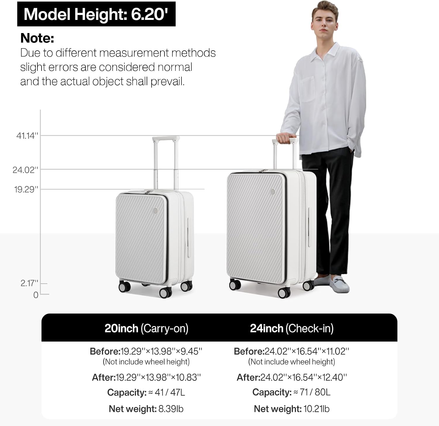 mixi 20 Inch Expandable Carry On Luggage PC Hard Shell Suitcase Top Opening Rolling Travel Suitcases with Spinner Wheels & TSA Lock, Smoke White