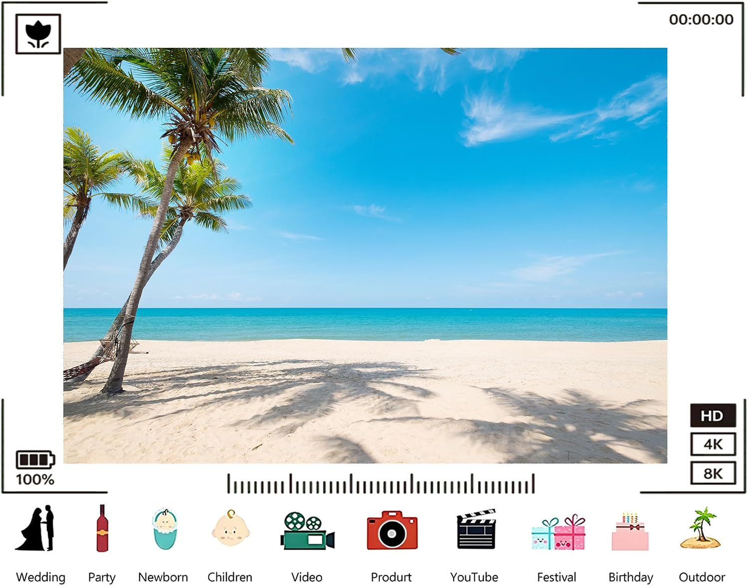 Trykid 20x10ft Palm Tree Beach Backdrop White Sand Clear Blue Sky Calm Ocean Photography Background Relaxation Shoots Tapestry Party Decoration Photo Studio Prop Fabric