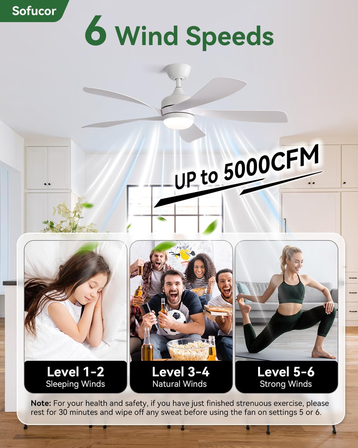 Sofucor 52 Inch Ceiling Fans with Lights and Remote, Outdoor Ceiling Fan with Light 6-Speed 3 CCT 3-Timer, White Low Profile Ceiling Fan 5 Blade Reversible DC Motor for Living Room Bedroom Patio