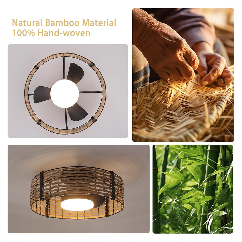 Ganeed 18W LED 20 Inch Dimmable Bamboo Rattan Fandelier, Boho Caged Ceiling Fan with Light and Remote, 6 Speed/Reversible Motor/RGB LED Small Ceiling Fan for Bedroom Living Room Kitchen Nursery