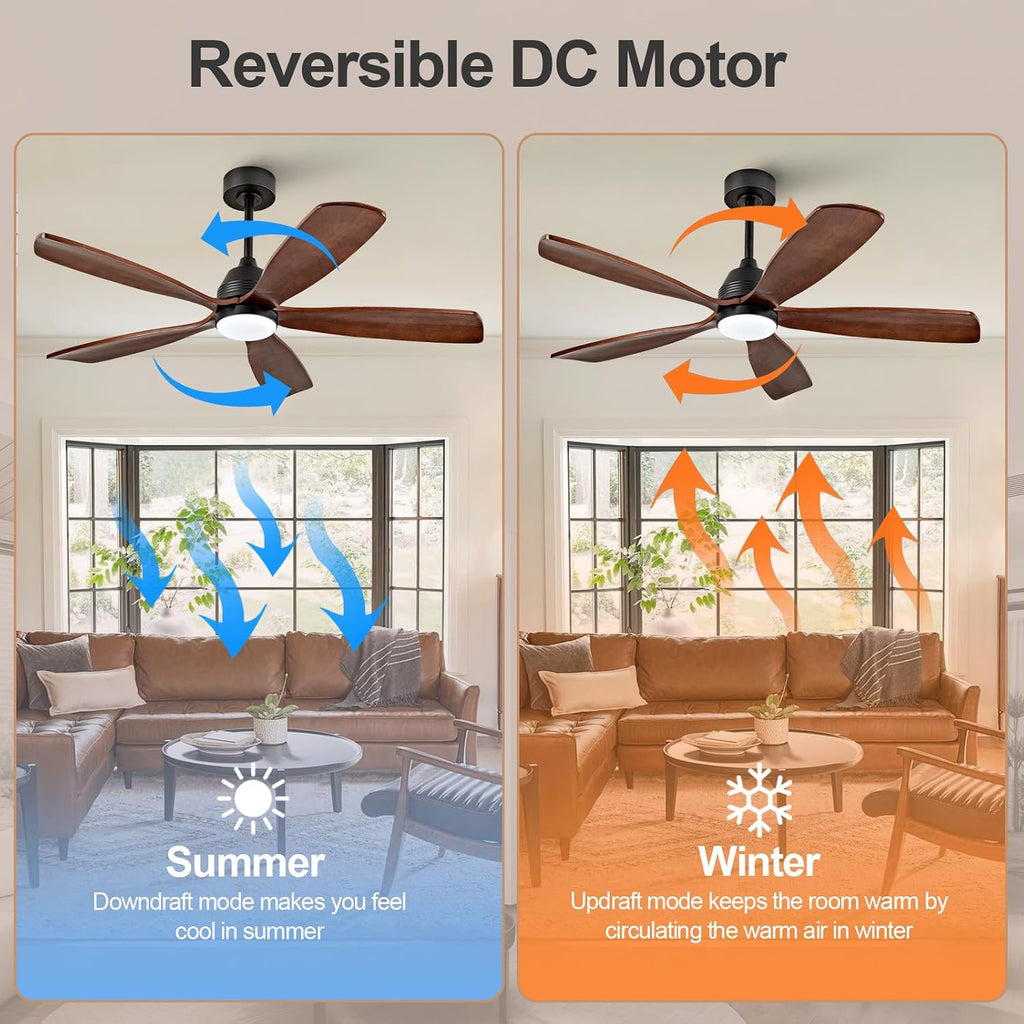 52 Inch Ceiling Fans with Lights and Remote, 5 Blades Wood Ceiling Fan with Light, Dimmable, Wall Switch, Reversible DC Motor, Modern Indoor Outdoor Ceiling Fan for Patio Bedroom