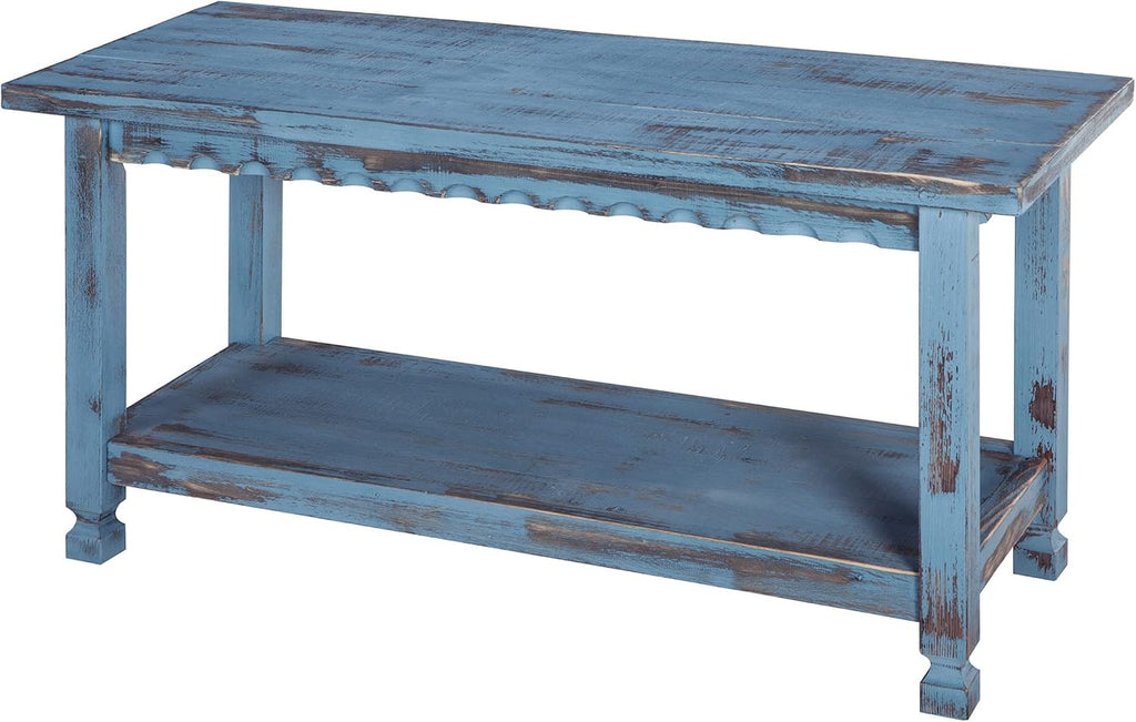 Country Cottage Entryway Bench with Storage Shelf – 36 Inch Solid Wood Farmhouse Bench in Antique Blue Distressed Finish for Rustic Hallway or Living Room Accent by Alaterre Furniture
