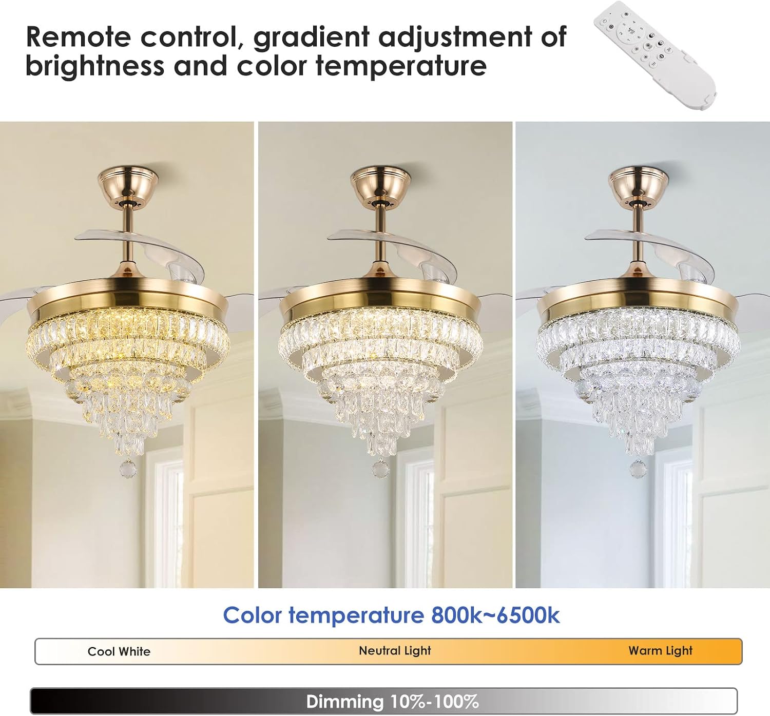 42'' Gold Crystal Fandelier Ceiling Fan with Lights, Dimmable LED Chandelier Fan, Retractable Blades, Remote & APP Control, 6-Speed Reversible, Flush Mount for Bedroom Living Room Dining Room