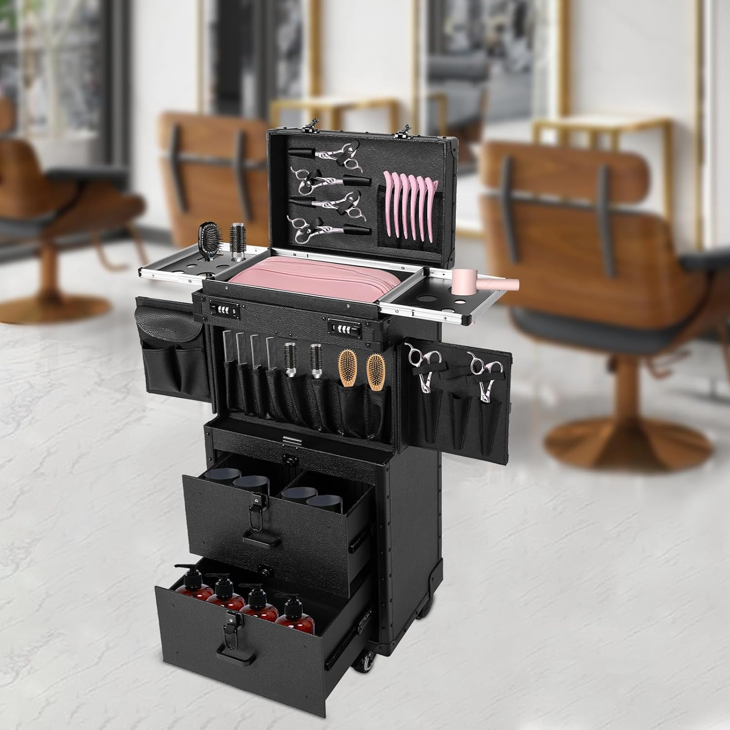 Rolling Makeup Case, Cosmetic Train Cases Professional Hair Stylist Travel Case Nail Salon Cart Trolley Carts With 4 Wheels Rolling Cosmetology Case For Barber Shop Beauty Salon Nail Salon (Black)