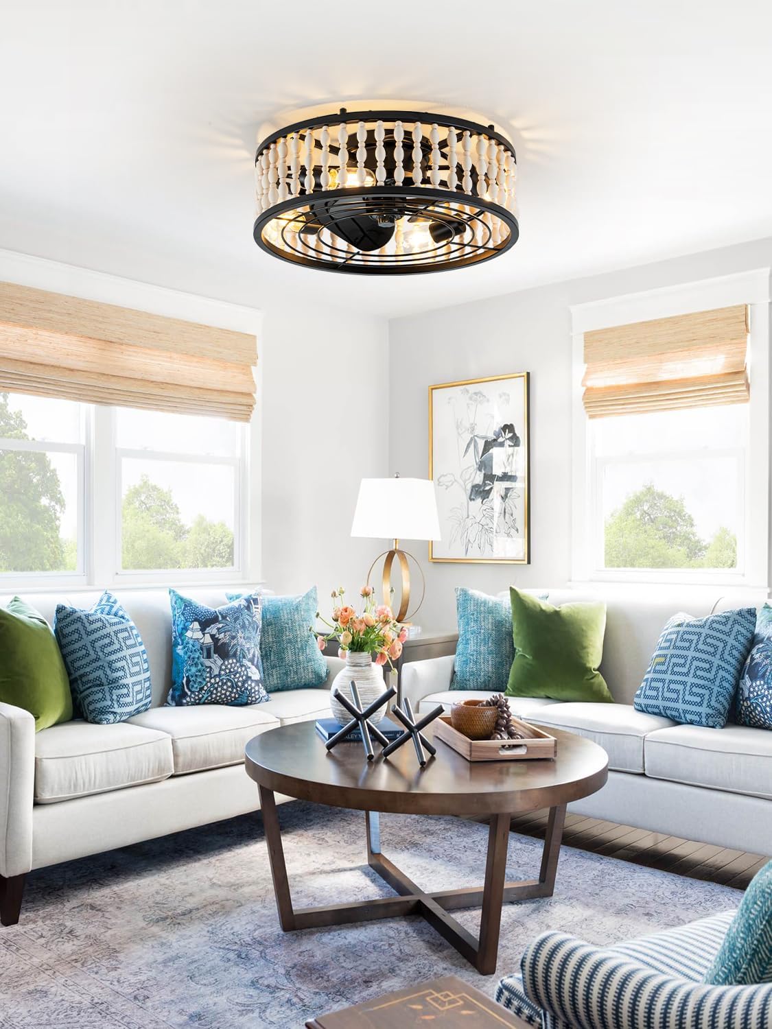 20' Boho Ceiling Fan with Light, Farmhouse Wood Beaded Low Profile Ceiling Fan with Remote, Flush Mount/6-Speed/Timer/Quiet DC Motor/Reversible