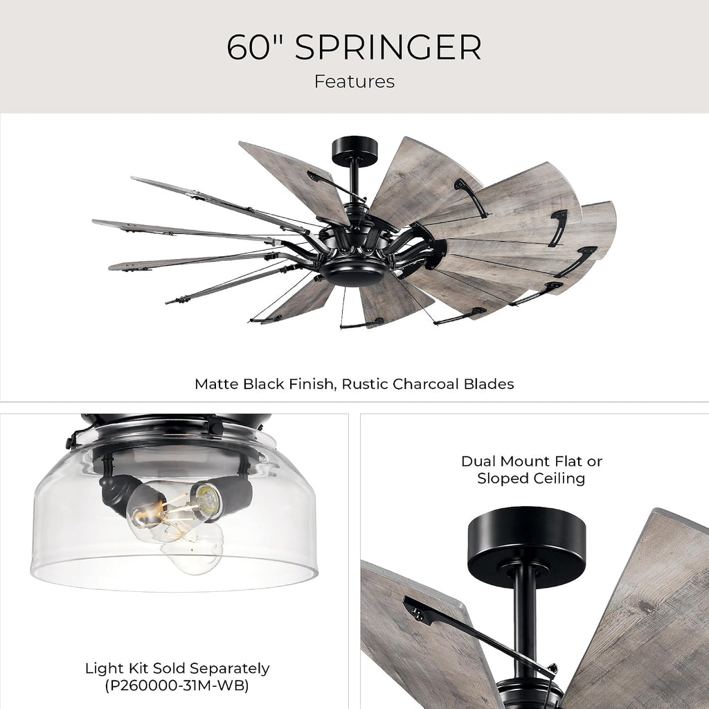 Progress Lighting Springer Collection DC Motor Farmhouse Windmill Ceiling Fan, Matte Black, 12-Blade (60' W x 17-3/8' H) P250000-31M