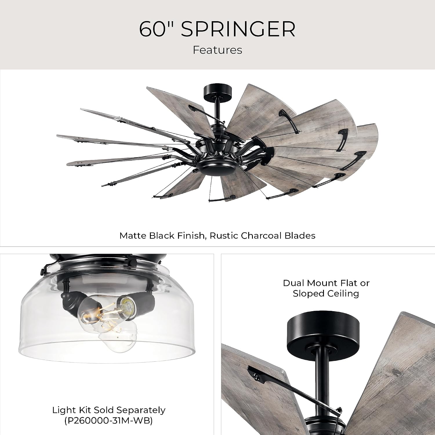 Progress Lighting Springer Collection DC Motor Farmhouse Windmill Ceiling Fan, Matte Black, 12-Blade (60' W x 17-3/8' H) P250000-31M