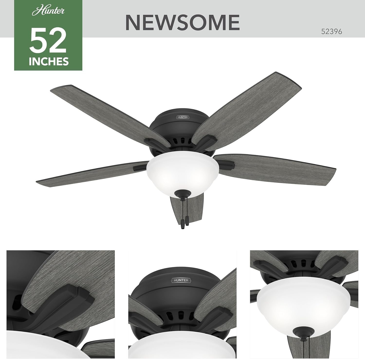 Hunter 52 inch Indoor Ceiling Fan with LED Light - Black Ceiling Fan with Pull Chain, For Bedroom or Living Room, Low Profile Flush Mount, 5 Blades, Includes Bulbs - Newsome 52396, Matte Black