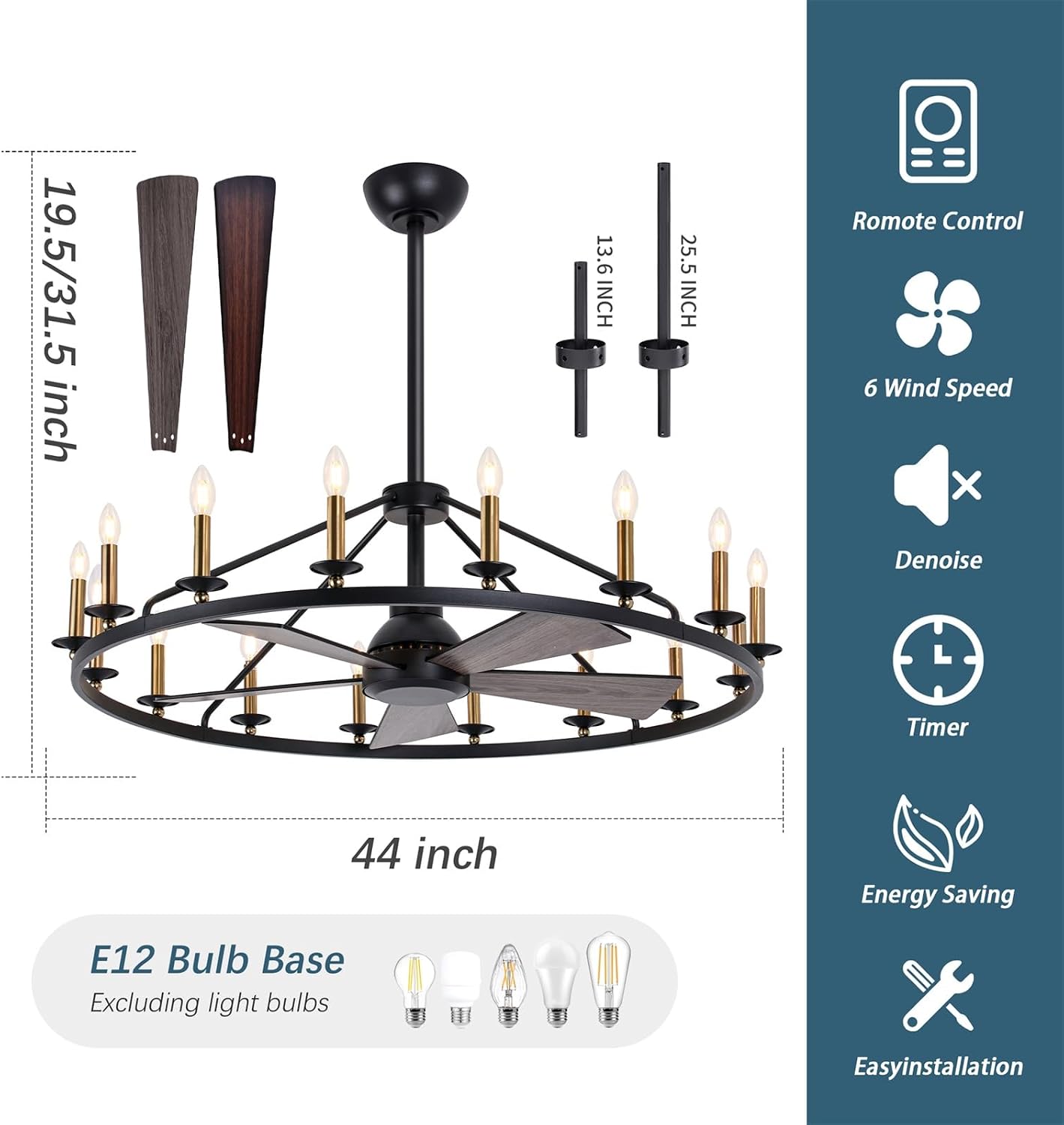44' Black+Gold Wagon Wheel Chandelier with Fans, Farmhouse Ceiling Fan with 16-Lights and Remote, Adjustable Height, Rustic Chandelier for Living Room Bedroom, 6-Speed Reversible Large Fandelier