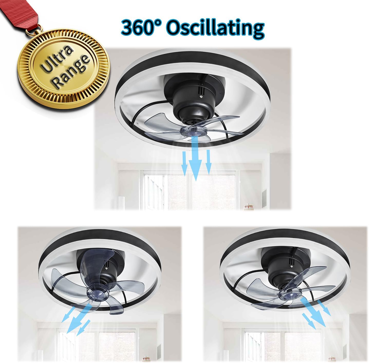 360° Oscillating Low Profile Ceiling Fan with Light, 20' Rotating Modern Flush Mount Ceiling Fan with Lights,LED 3000K-6500K Dimmable Quiet 6 Wind Speeds for Bedroom, Kitchen