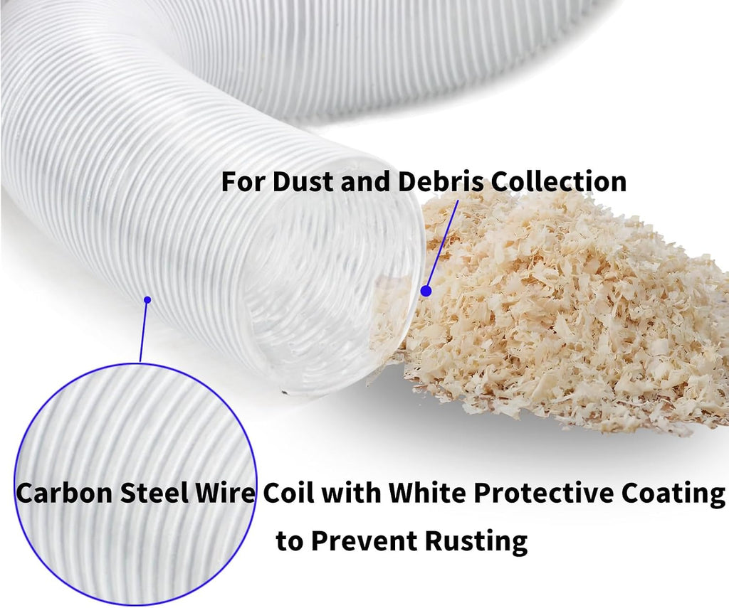 JUYO VONSAN 8 Inches Dust Collection Hose 10ft Flex Heavy Duty 8 In Clear PVC Dust Debris Collector Hose With Connector and Clamps (8'' X 10ft)