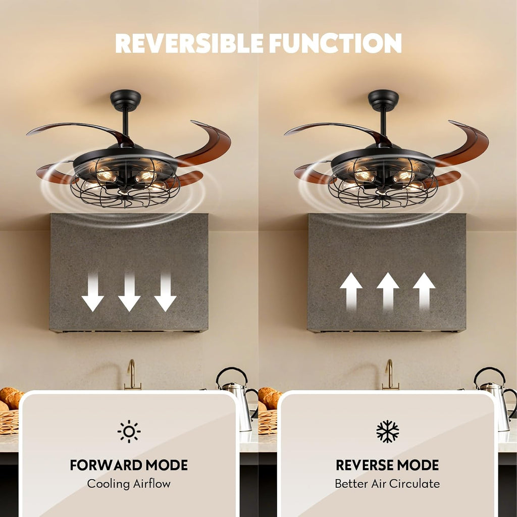 48' Industrial Caged Ceiling Fan with Light and Remote, Vintage Retractable Blades Ceiling Fan with Lights, Farmhouse Black Fandelier for Bedroom Living Room Dining Room