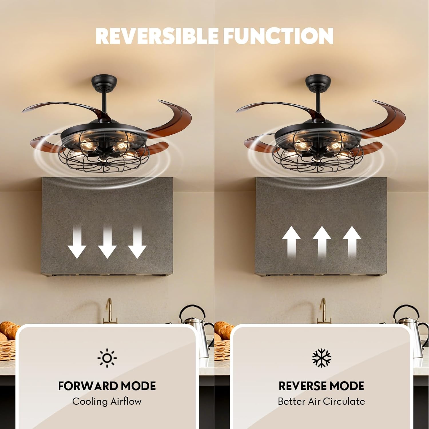 48' Industrial Caged Ceiling Fan with Light and Remote, Vintage Retractable Blades Ceiling Fan with Lights, Farmhouse Black Fandelier for Bedroom Living Room Dining Room