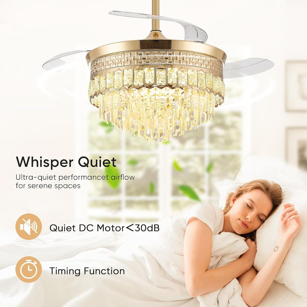 42' Fandelier Ceiling Fan with Light, Chandelier Ceiling Fans with Lights,Retractable Crystal Ceiling Fan for Bedroom Living Room,6 Wind Speed,3 Color Tempeature-Gold