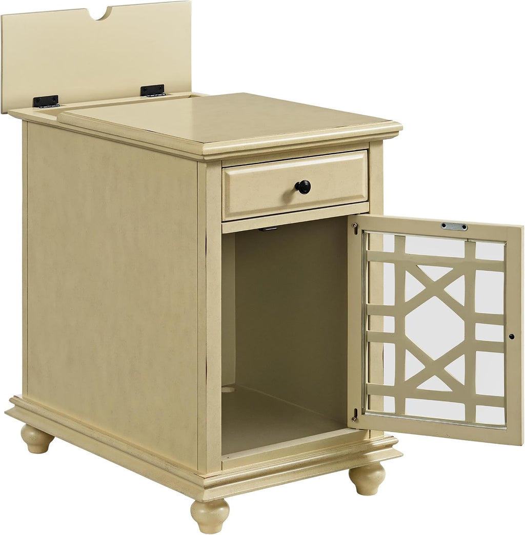 Martin Svensson Home Elegant Chairside End Table with Power — 24″W x 16″D x 25″H, Antique Cream White — Transitional Painted Accent Table with Flip-Top USB Charging, Drawer & Cabinet Storage