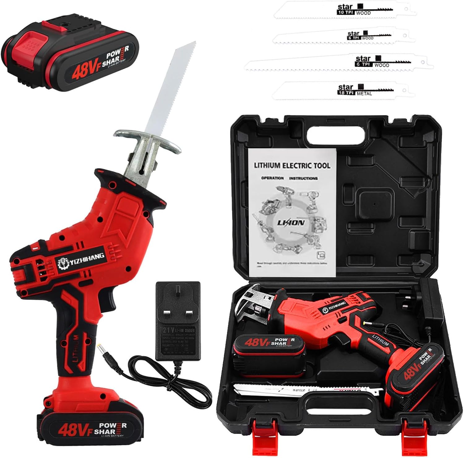 Cordless Reciprocating Saw 48v - Portable Electric Bone Saw, 4pcs Blades Included 2 Battery And Charger For Metal Wood Pvc Pipe Cutting Saw (One battery)