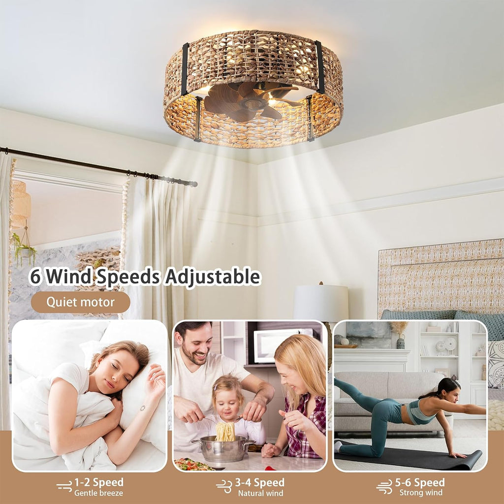 Ganeed 20' Boho Fandelier Ceiling Fan with Light, Rattan Caged Ceiling Fan with Light and Remote Control, Quiet Reversible Motor Enclosed Low Profile 6 Speeds for Bedroom Living Room Porch Kids Room