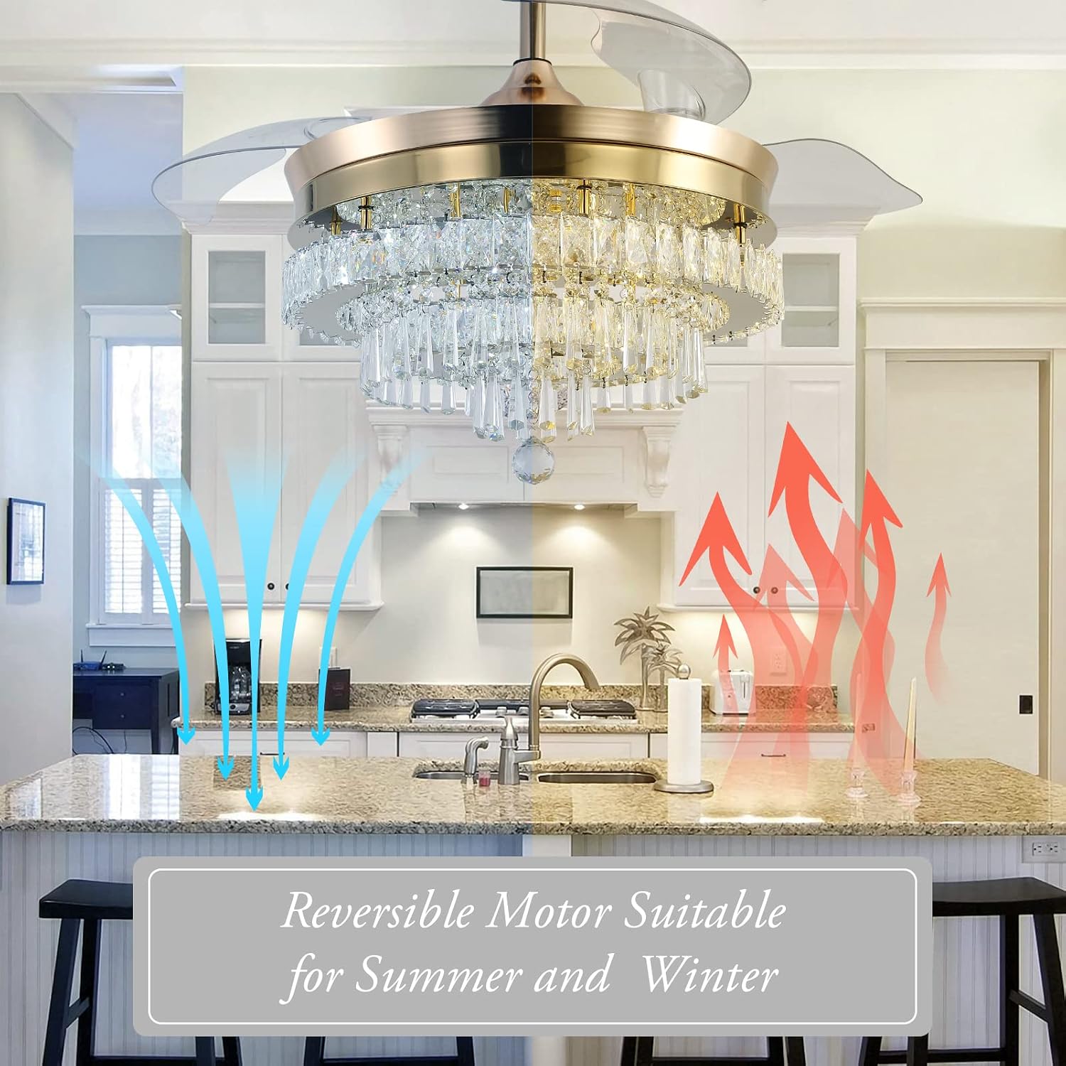 Finktonglan 42' Crystal Gold Fandelier Ceiling Fan with Light, Retractable Blades, Dimmable 60W LED, Remote & App Control, Quiet Reversible Motor, 6 Speeds & Timer, Downrod Mount