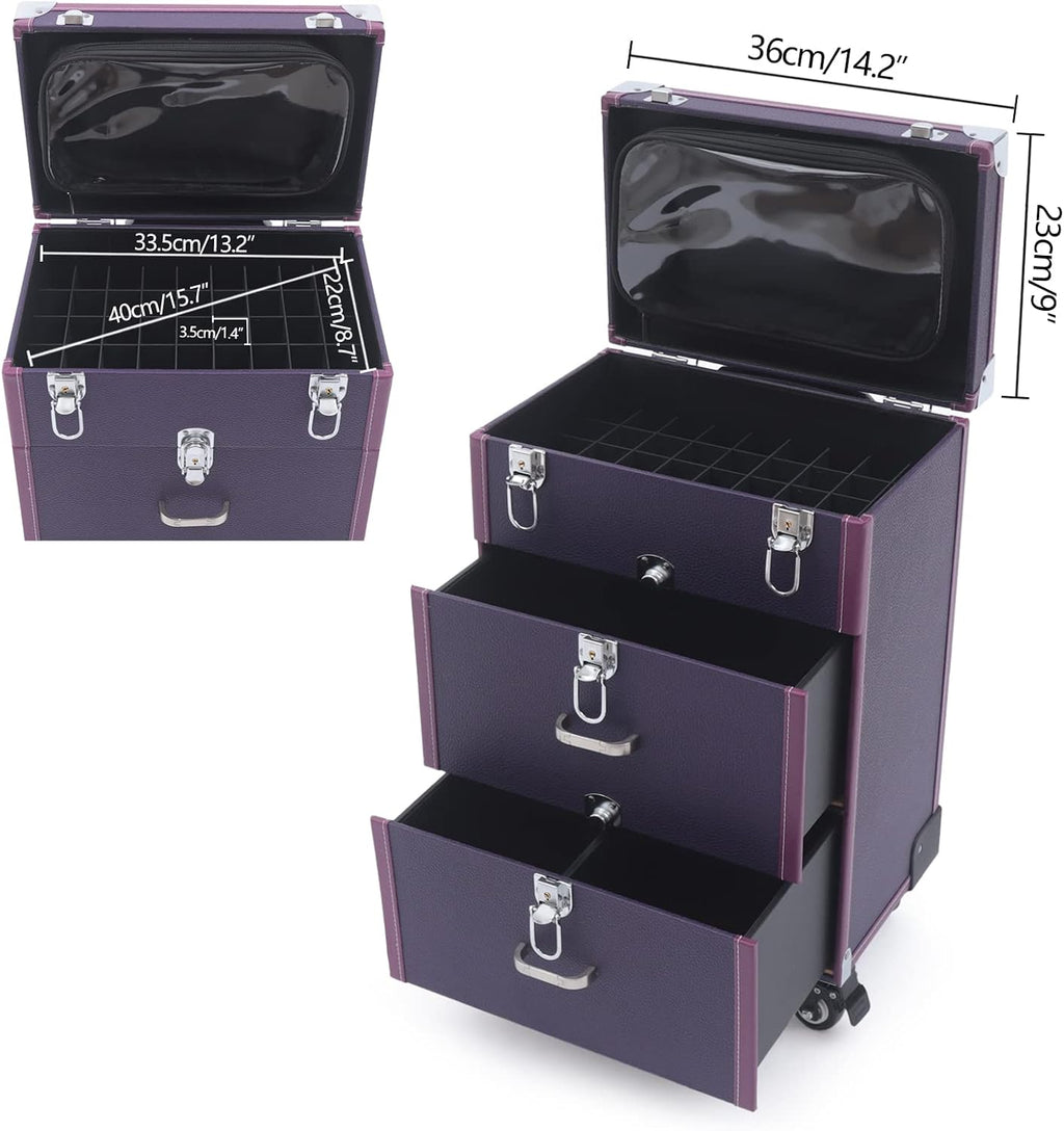 Professional Rolling Makeup Case Train Case Cosmetic Organizer Trolley Lockable Rolling Make-ups Case Storage Cart Makeup Train Case Cosmetology Case On Wheels (Purple|3 trays|Type C)