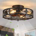 20' Caged Farmhouse Flush Mount Ceiling Fan with Light and Remote Control Bladeless Low Profile Ceiling Fans with Lights Enclosed Vintage Fan 6 Speed Reversible for Kitchen, Bedroom