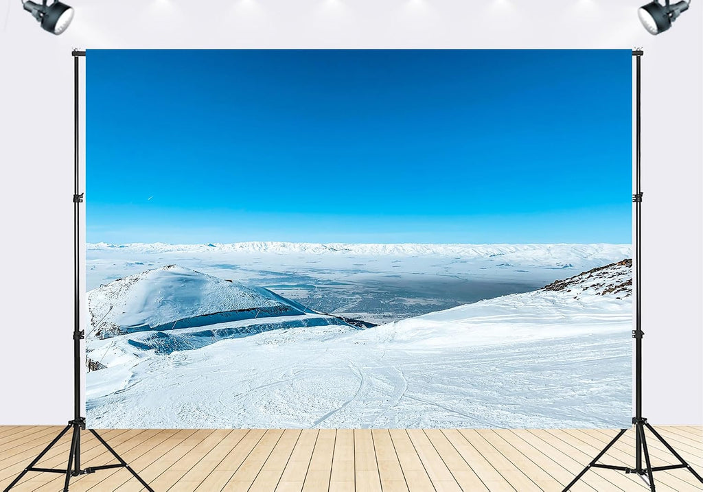 Trykid 20x10ft Alpine Ski Resort Backdrop Snow Covered Mountains Clear Blue Sky Photography Background Home Wall Decor Winter Theme Party Decoration Photo Booth Prop Fabric