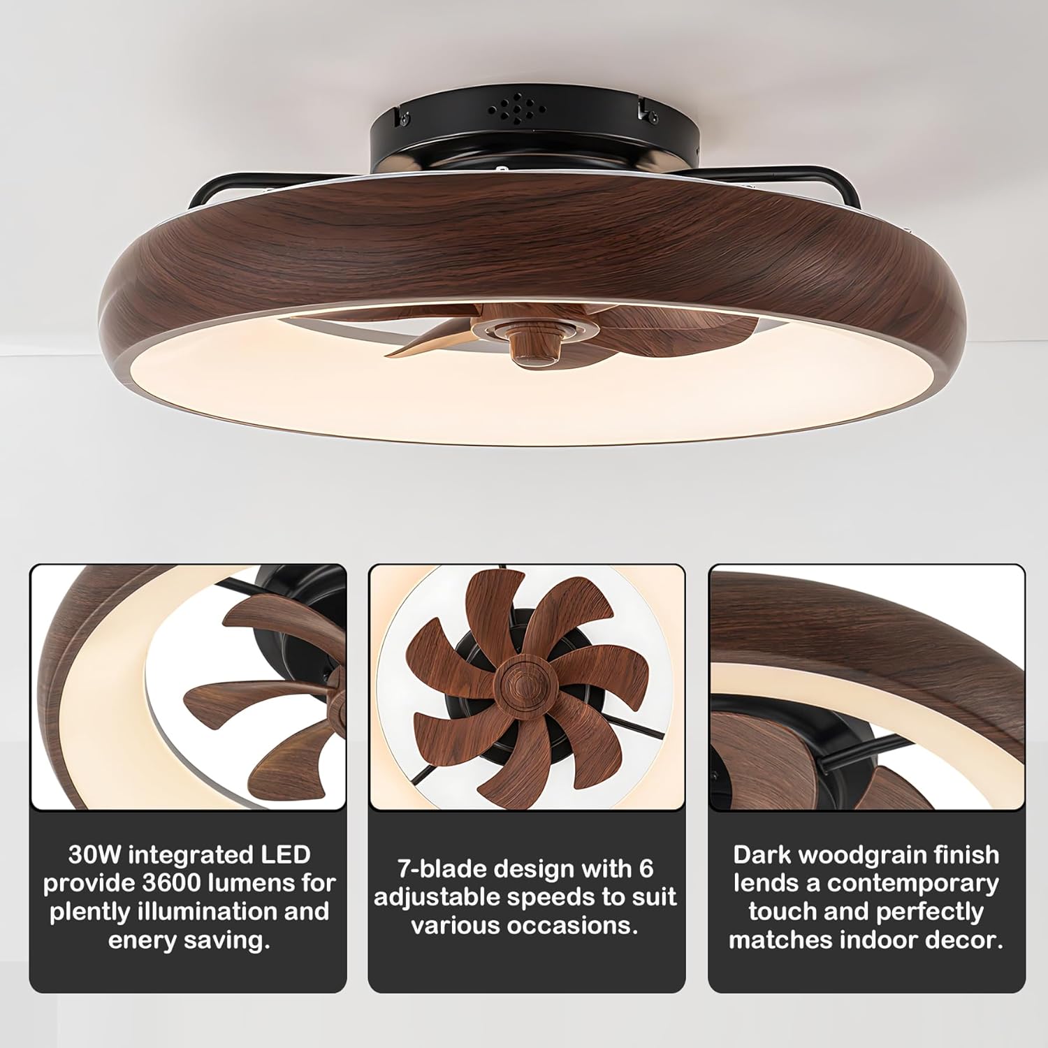 Low Profile Ceiling Fans with Lights, Dimmable Smart RGB Ceiling Fan With Alexa/Google Assistant/App/Remote Control, 6-Speeds Reversible Walnut Woodgrain LED Ceiling Fan for Bedroom Kitchen Foyer