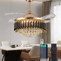 42' Dimmable Gold Fandelier Crystal Ceiling Fans with Lights and Remote Modern Retractable Blade Chandelier Ceiling Fans for Bedroom Dinning Room Living Room