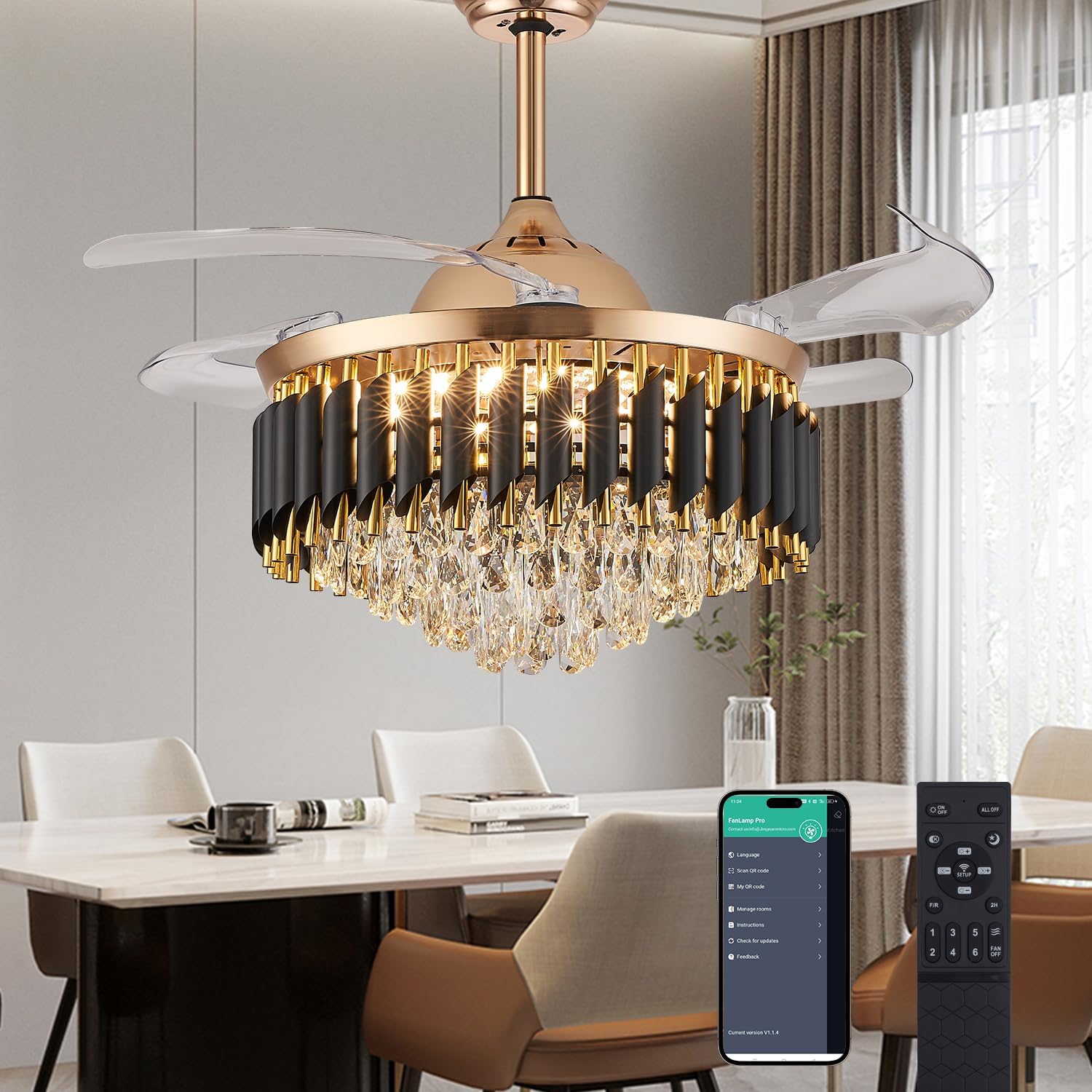 42' Dimmable Gold Fandelier Crystal Ceiling Fans with Lights and Remote Modern Retractable Blade Chandelier Ceiling Fans for Bedroom Dinning Room Living Room